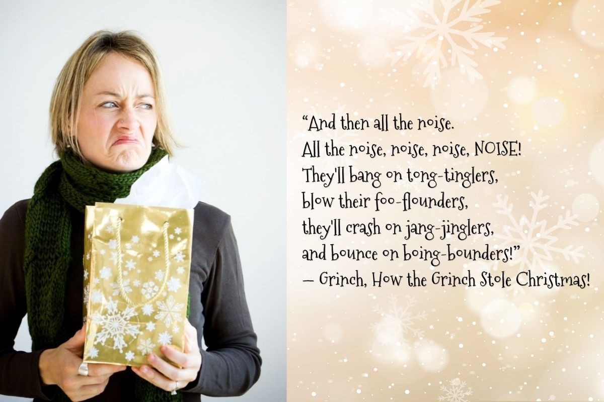 grinch-faced woman holding gift bag